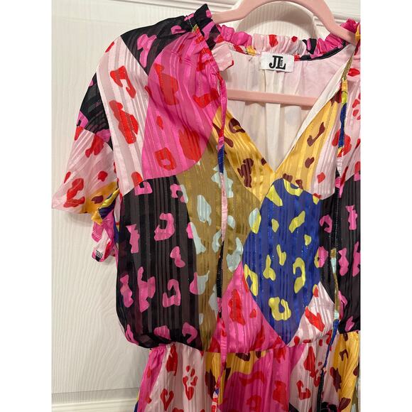J Lee Chic Rose Leopard Print Multicolor Short Sleeve Dress, M - Picture 3 of 6